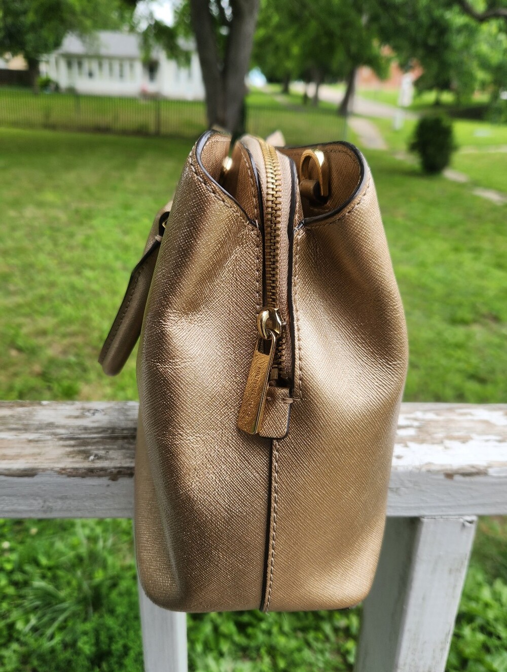 Michael Michael Kors Metallic Gold Leather Satchel Crossbody Preloved - Picture 10 of 14